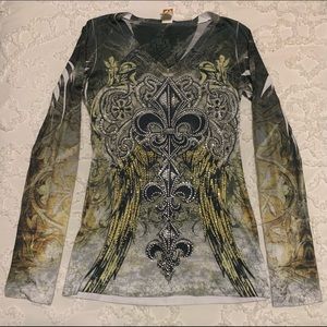 R. Rouge Rhinestone Fleur De Lis Tee- Small